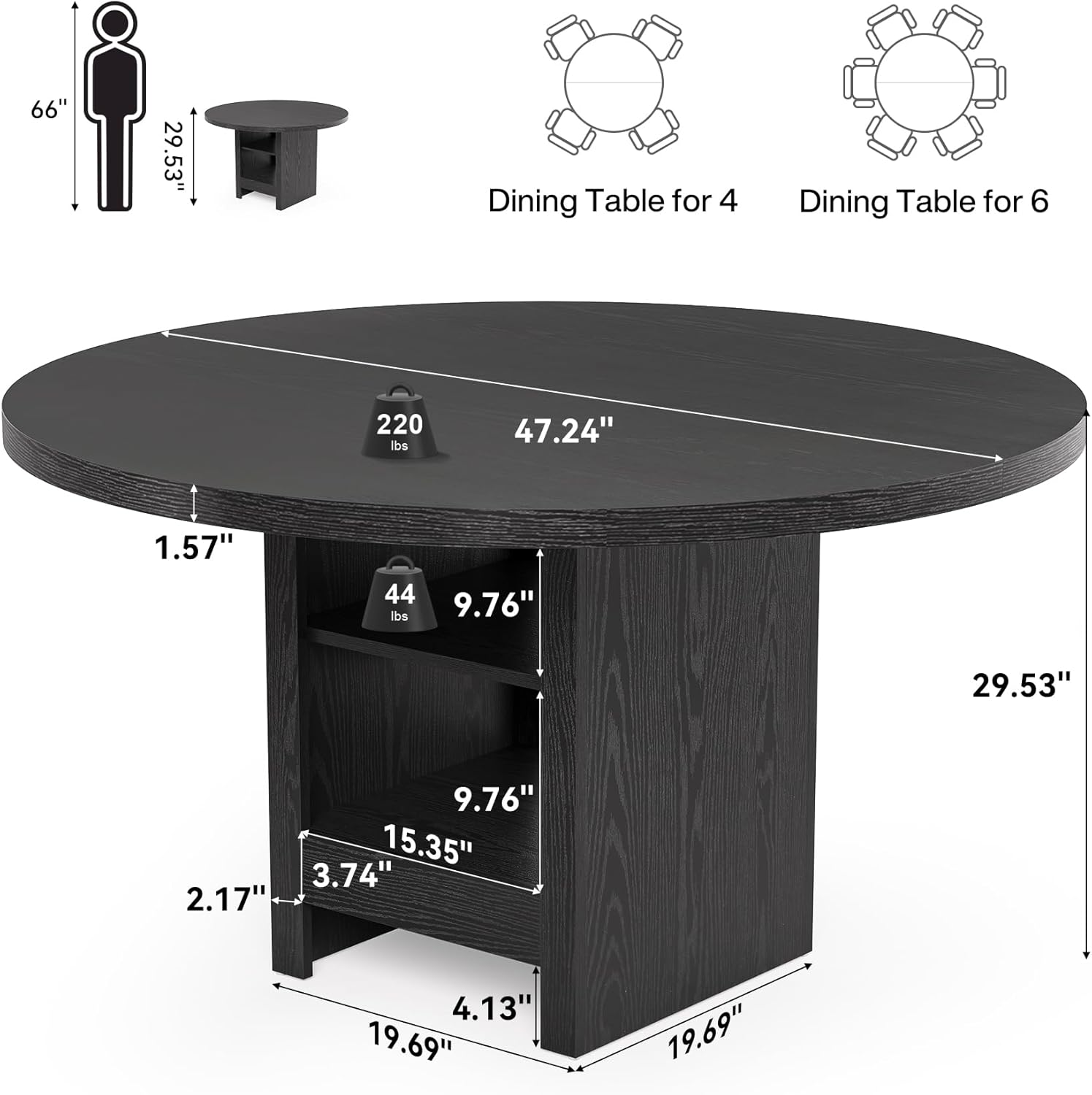47-Inch Round Dining Table with Storage for 4-6